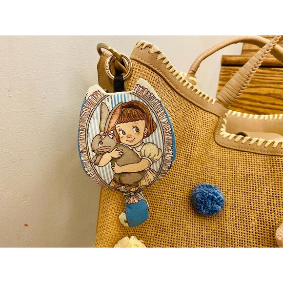 Handmade Mini Cat Pouch with Ring: Girl & Bunny Print, Vintage Style - Picture 1 of 5